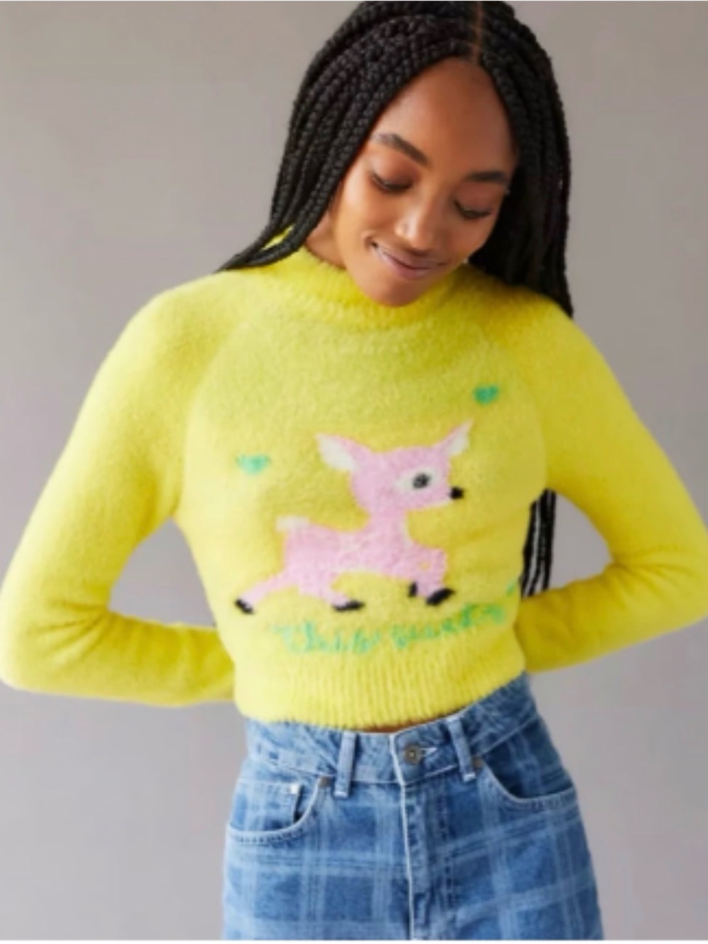 Urban outfitters Yellow Fuzzy soft Sweater size M Pink Deer Design